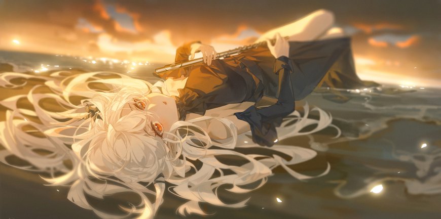 白发橙瞳少女水面长笛夕阳躺卧动漫电脑壁纸