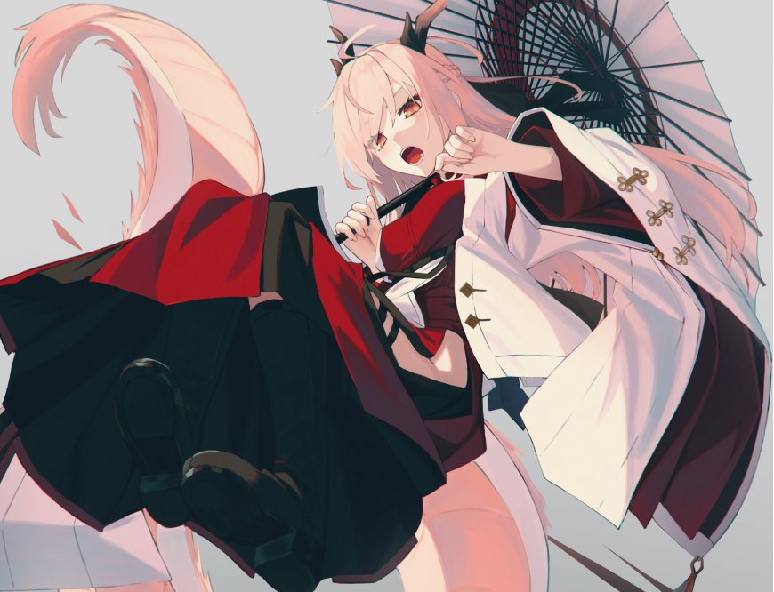 粉发龙角少女持伞仰拍动态和服原创动漫电脑壁纸