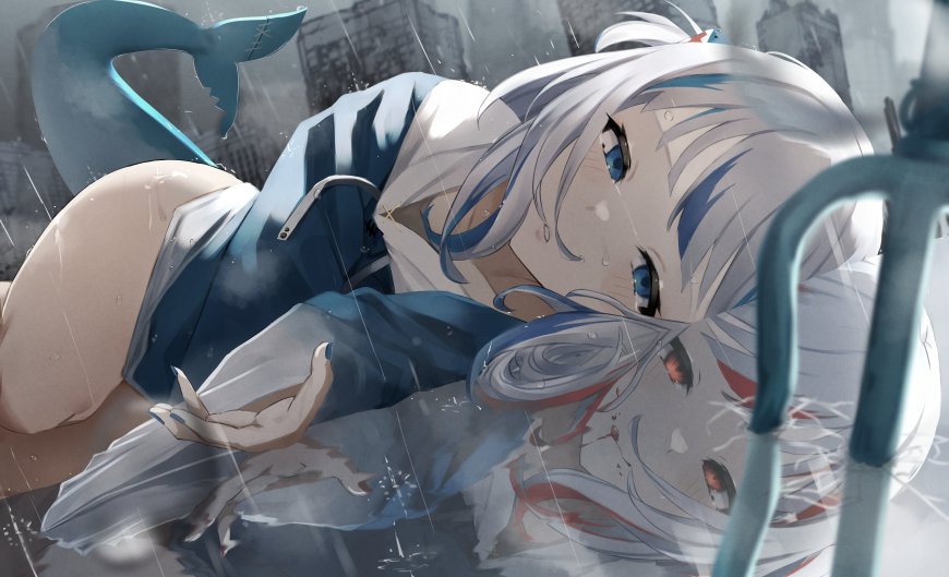 噶呜古拉雨夜城市水面倒影触碰动漫电脑壁纸