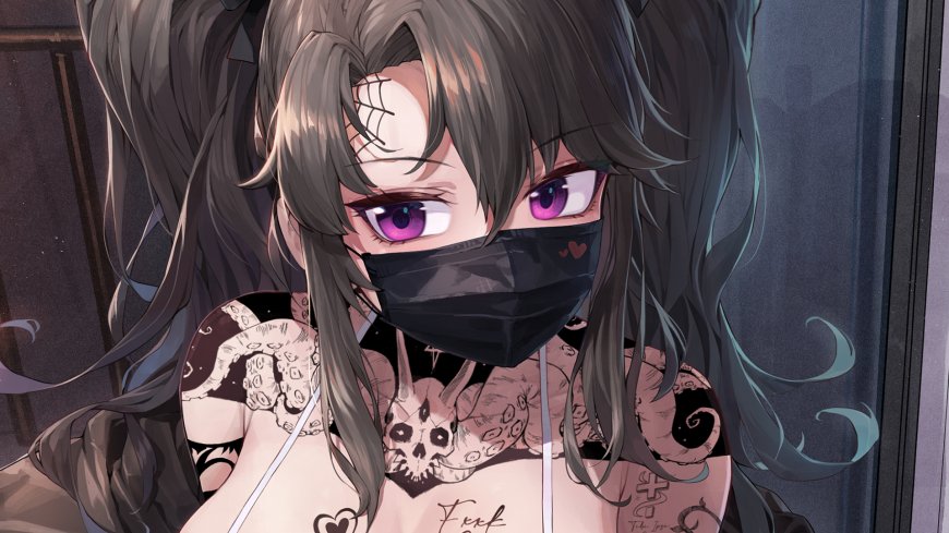 哥特纹身口罩双马尾紫眸少女动漫电脑壁纸