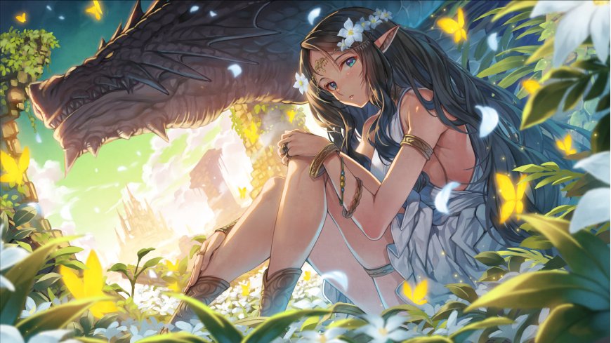 黑发精灵少女白花草地巨龙黄蝶治愈系动漫电脑壁纸
