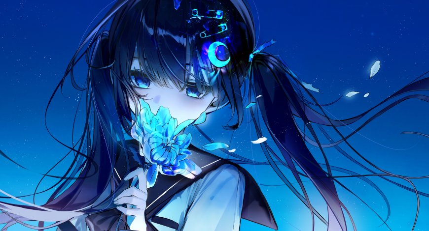 黑发双马尾水手服少女蓝花遮面动漫电脑壁纸