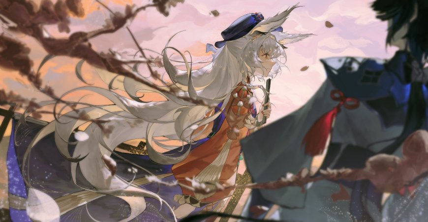 明日方舟铃兰白发兽耳和服侧影樱花飘落唯美动漫电脑壁纸