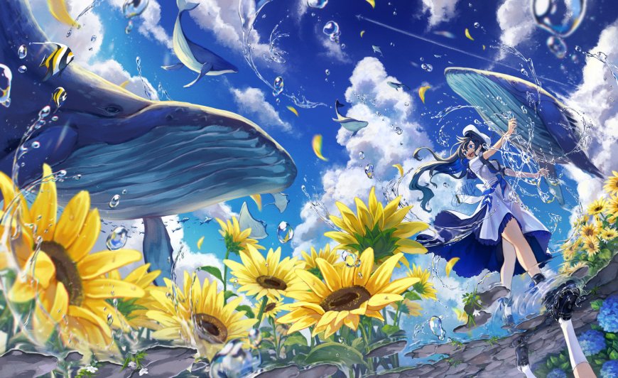 水手服少女向日葵飞天蓝鲸夏日动漫电脑壁纸