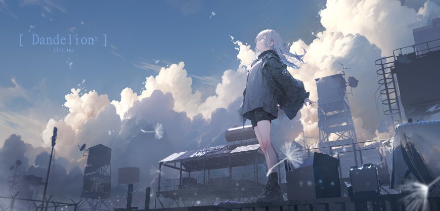 银发少女天台仰望云层蒲公英飘散动漫电脑壁纸