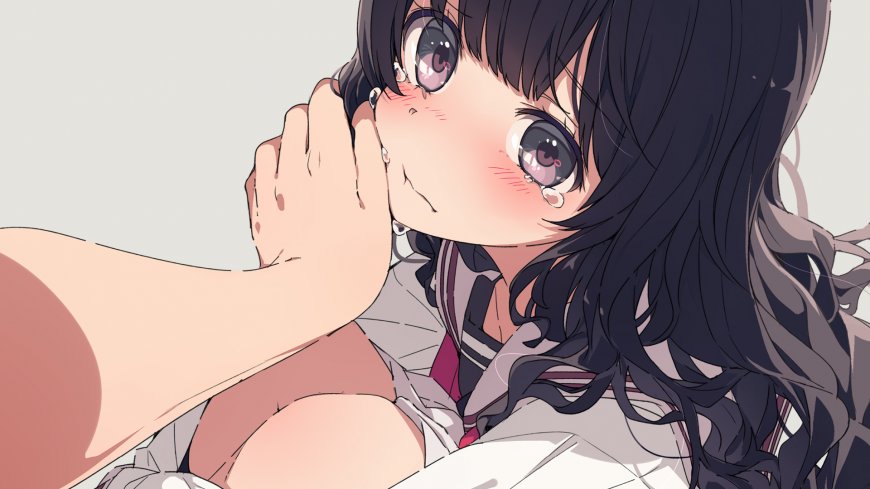 棕发水手服少女泪眼托脸特写动漫电脑壁纸