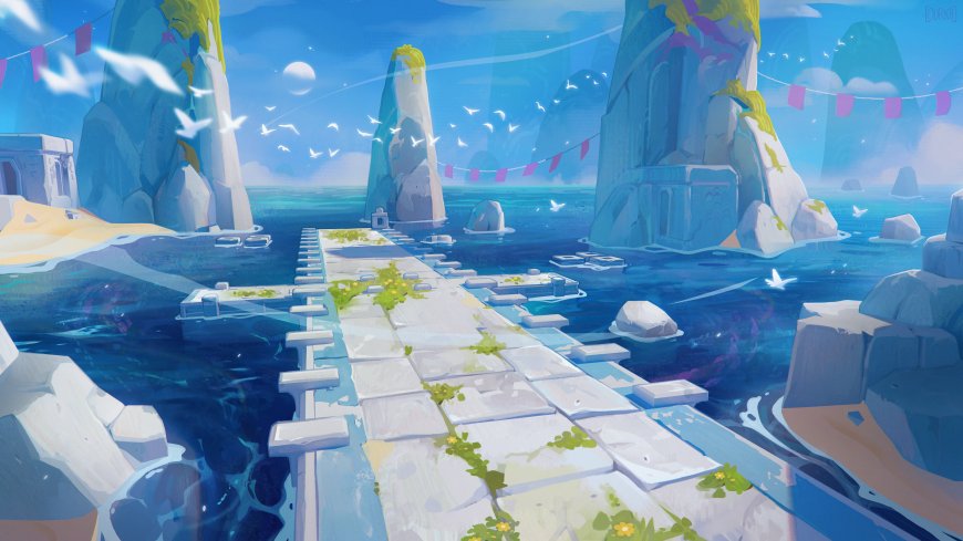 奇幻石桥海湾岩柱海鸥蓝天创意电脑壁纸