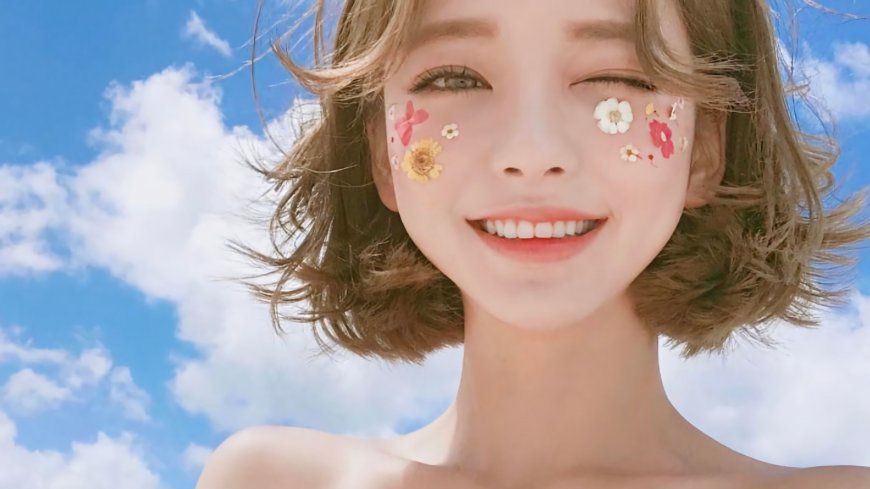 短发女孩笑脸脸颊干花蓝天白云清新甜美摄影电脑壁纸