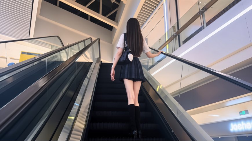 JK制服少女背影自动扶梯商场现代简约摄影电脑壁纸