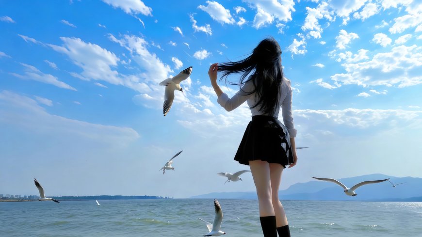 黑色长发美女海边喂海鸥蓝白摄影电脑壁纸
