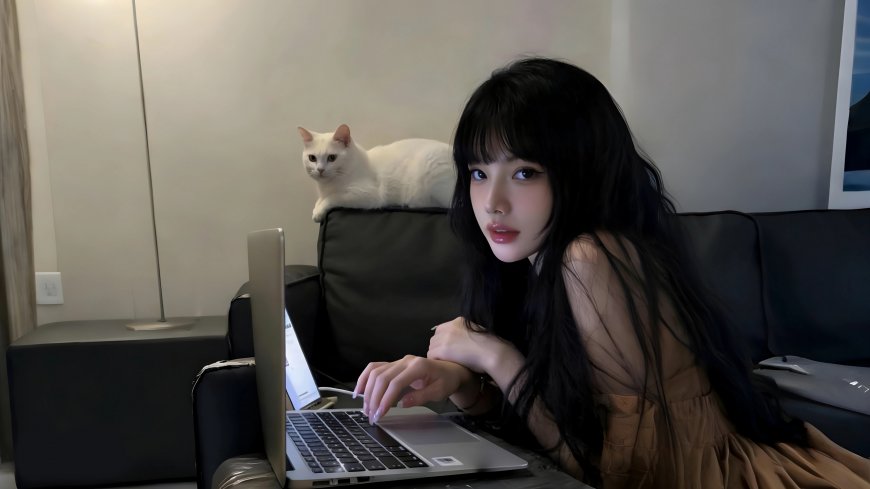 美女黑发少女用笔记本电脑白猫沙发旁摄影电脑壁纸