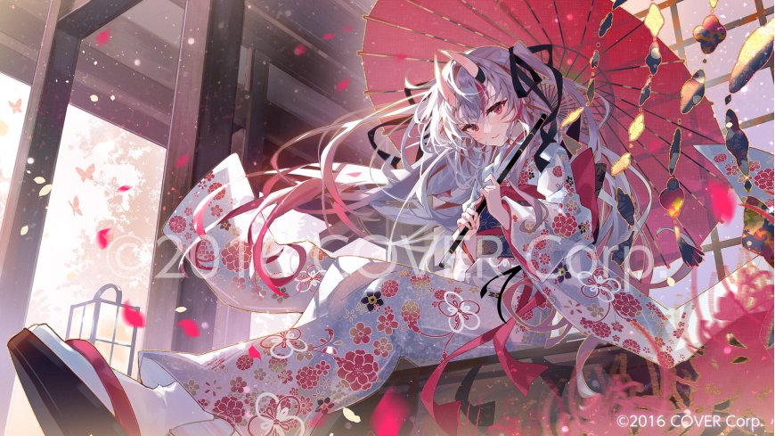 hololive百鬼绫目白发和服持伞樱花飘落动漫电脑壁纸