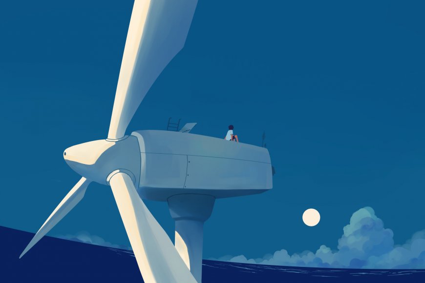 Taizo插画少年坐风力发电机顶深蓝夜空月亮创意电脑壁纸