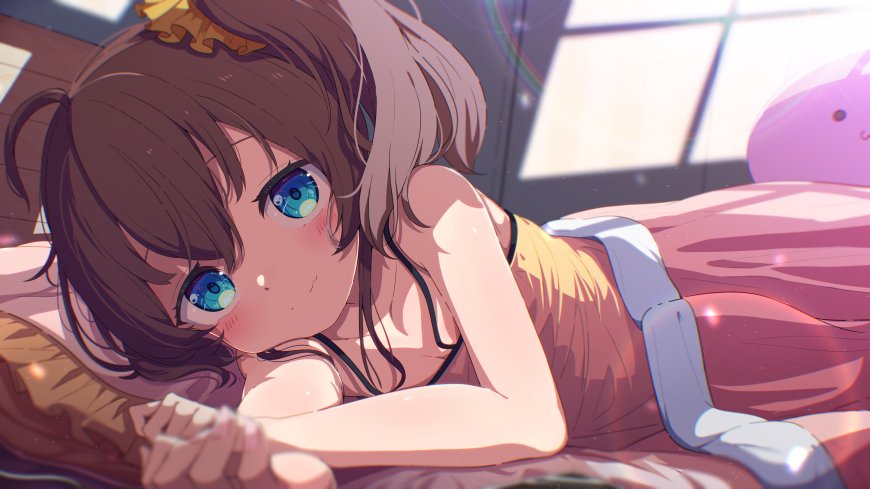 hololive夏色祭棕发蓝瞳少女趴床动漫电脑壁纸