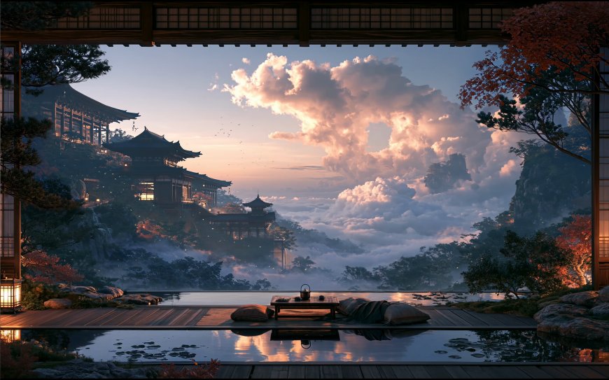 古风楼阁云海日落茶席框景唯美意境插画电脑壁纸