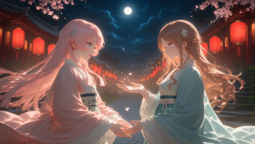 古风双少女汉服月下红灯笼樱花庭院唯美意境动漫电脑壁纸