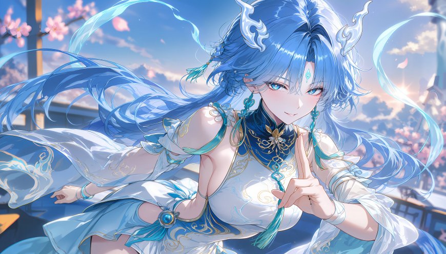 蓝发龙角少女国风旗袍樱花蓝天唯美奇幻动漫电脑壁纸