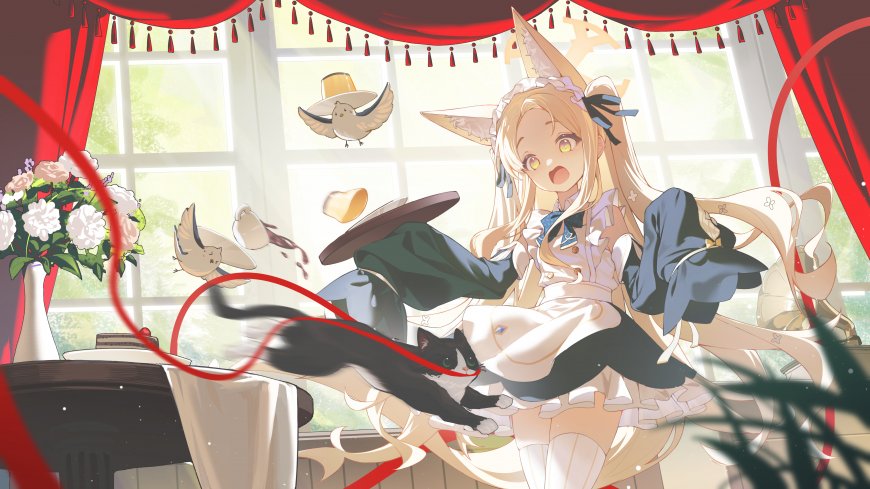 兽耳少女打翻茶具红白动漫电脑壁纸