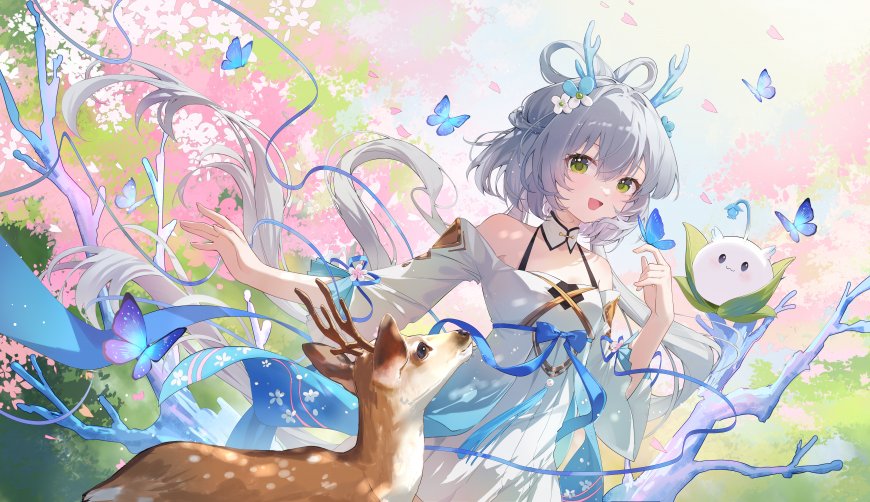 银发鹿角少女小鹿蝴蝶樱花林间清新奇幻动漫电脑壁纸