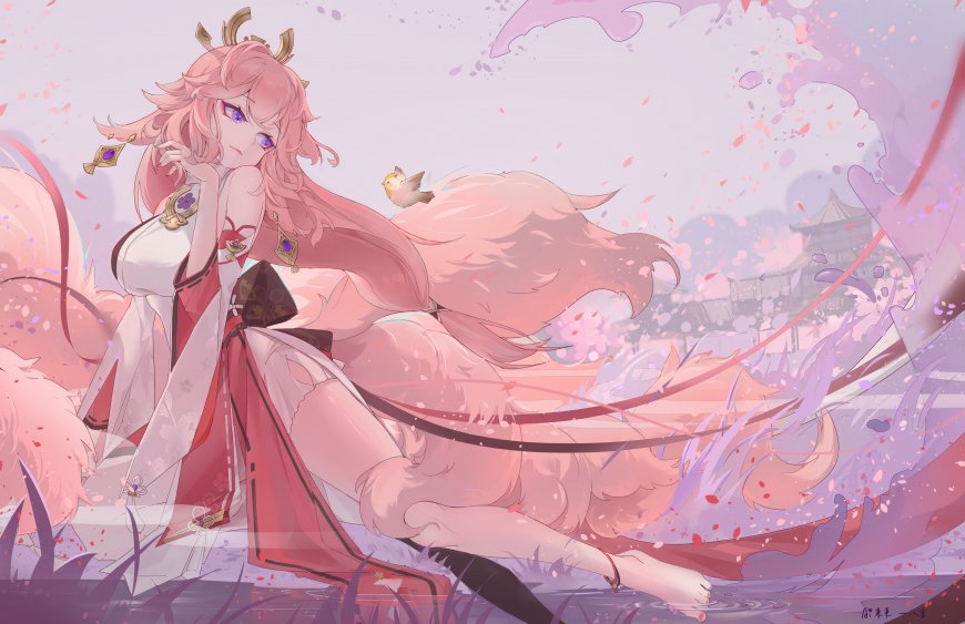 原神八重神子粉发狐耳和服樱花飘落唯美游戏电脑壁纸