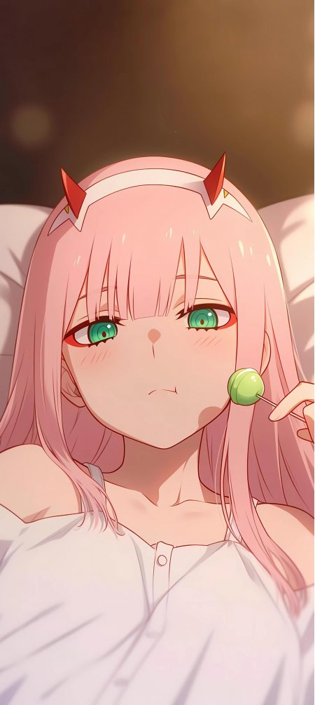 DARLING in the FRANXX零二粉发绿瞳少女吃棒棒糖动漫手机壁纸