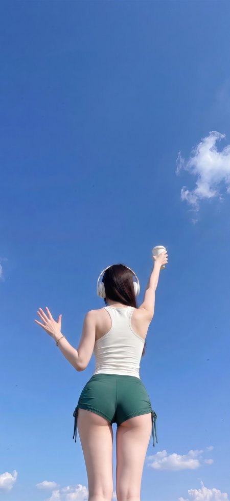 白色背心绿色短裤戴耳机举手背影蓝天美女人像摄影手机壁纸