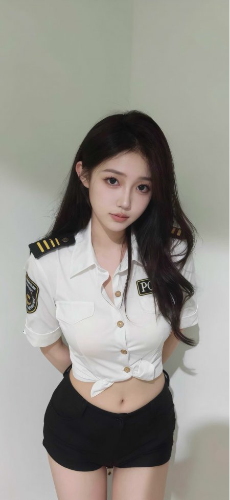 白色警服衬衫黑色短裤长发清纯美女人像摄影手机壁纸