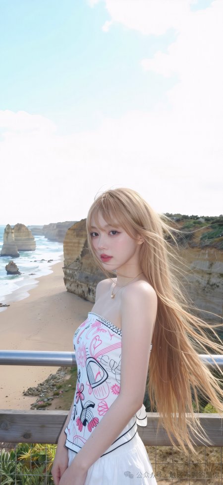 白色印花抹胸金发海边十二门徒岩风景唯美旅拍美女人像摄影手机壁纸