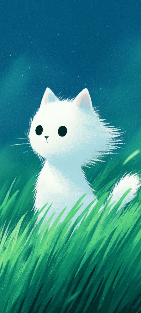 白色小猫草丛探头蓝绿背景治愈系手绘插画手机壁纸