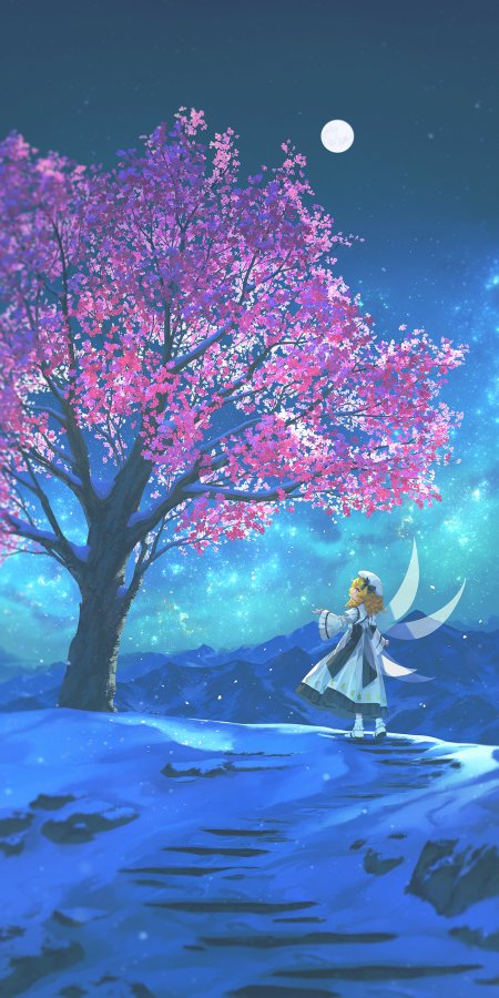 东方Project蕾米莉亚雪夜樱花树下星空动漫手机壁纸