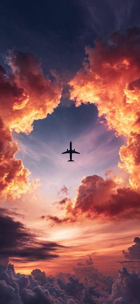 飞机穿越火烧云心形空隙壮丽晚霞天空风光摄影手机壁纸