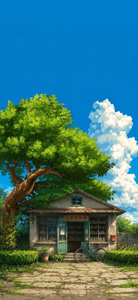 宫崎骏风格山里杂货铺大树蓝天自行车怀旧插画手机壁纸