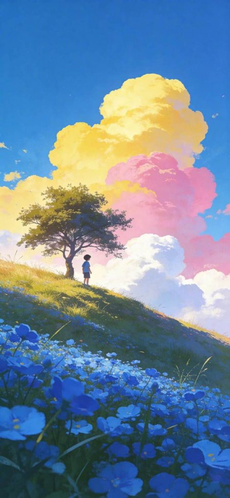 宫崎骏风格少年山坡树下眺望彩色云朵蓝色花海治愈系插画手机壁纸