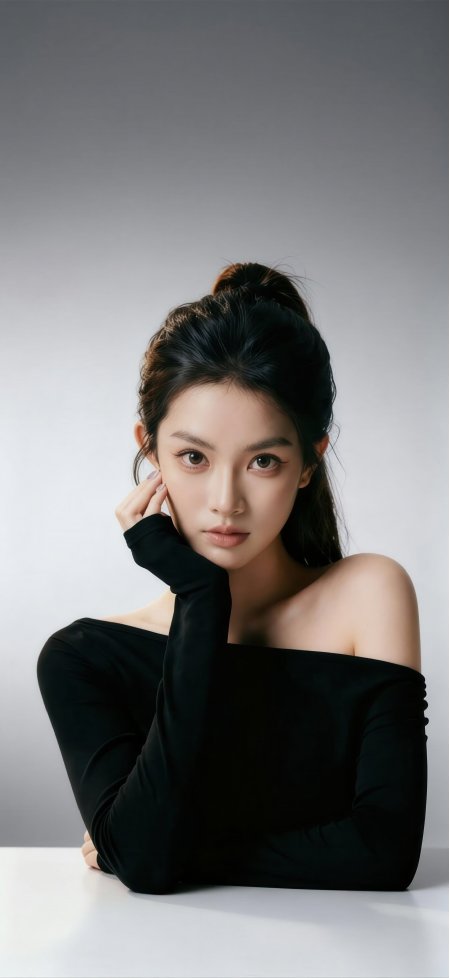 黑色一字肩上衣高马尾托腮凝视灰白背景极简美女人像摄影手机壁纸