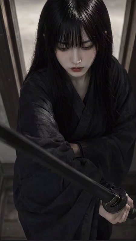 黑衣少女低头握刀神情肃杀古风动漫手机壁纸