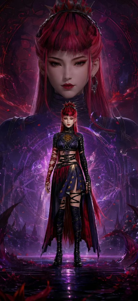 红发暗黑系魔法阵背景3D国漫风少女手机壁纸
