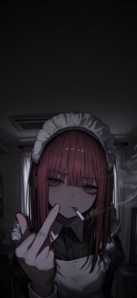 红发女仆装少女叼烟比中指暗黑颓废风动漫手机壁纸