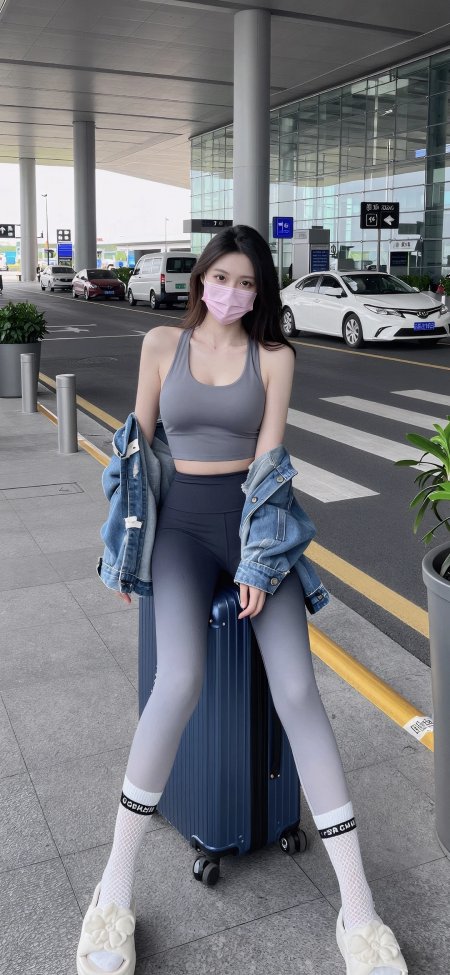 灰色瑜伽服机场街拍牛仔外套休闲时尚人物美女摄影手机壁纸