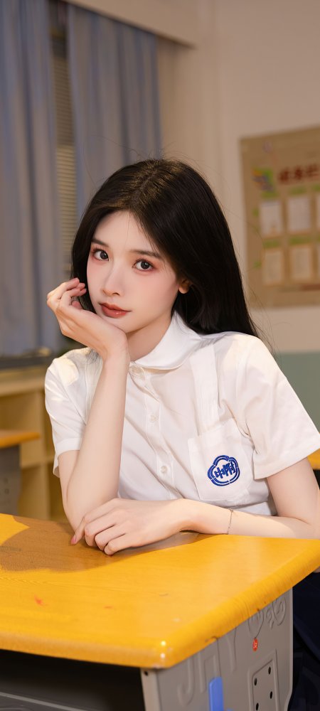 教室课桌前白衬衫校服少女清纯人像摄影手机壁纸