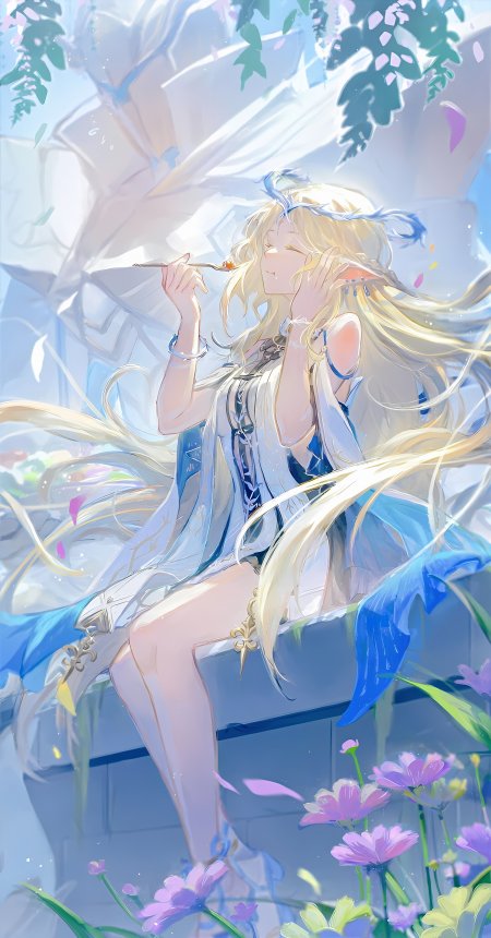 金发精灵少女花丛中闭眼品尝甜点清新动漫手机壁纸