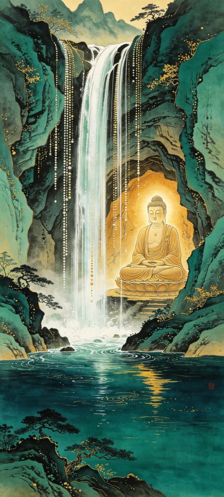 金身佛像瀑布青绿山水国风工笔禅意古风手机壁纸