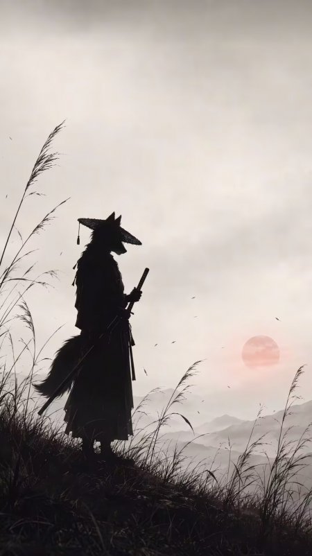 狼首武士芦苇荡夕阳剪影国风武侠意境插画手机壁纸