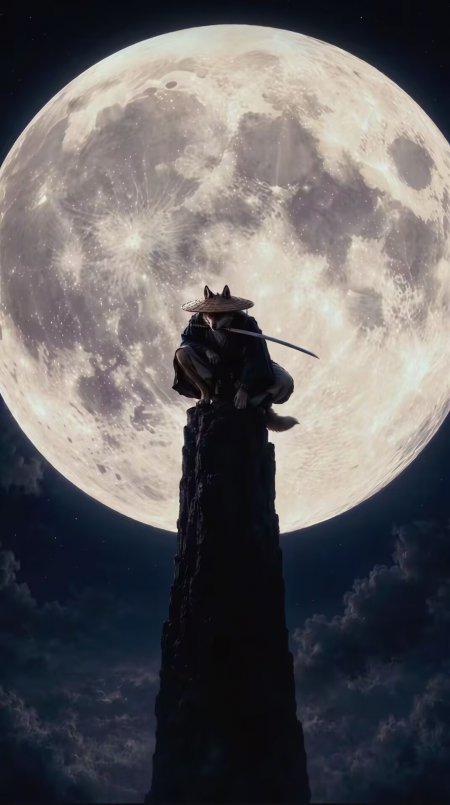 狼首武士蹲坐孤峰巨大满月背景暗黑奇幻动漫手机壁纸