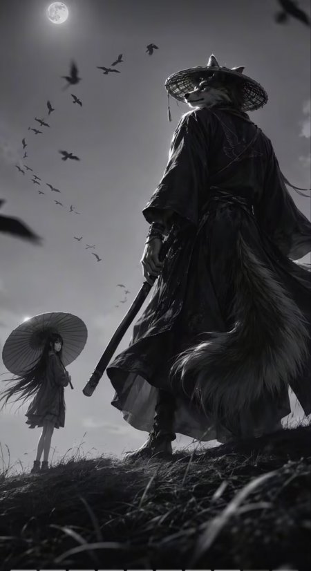 狼首武士与撑伞少女月夜同行黑白叙事感插画手机壁纸