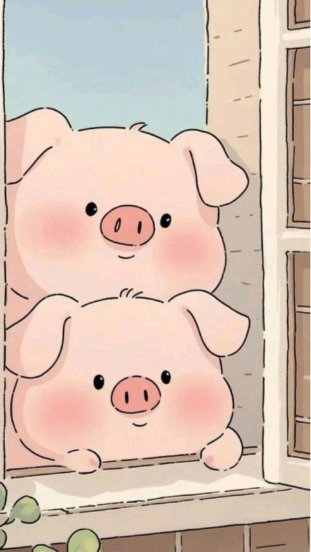 两只粉色小猪趴窗台可爱治愈系卡通插画手机壁纸