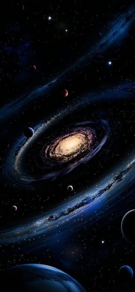 螺旋星系行星环绕深邃宇宙星空科幻插画手机壁纸