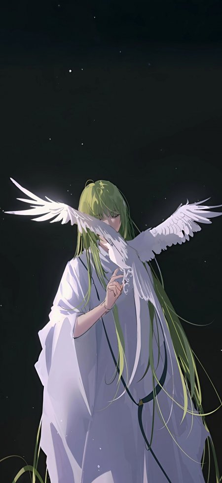 绿发白裙展翅少女星空背景唯美动漫手机壁纸