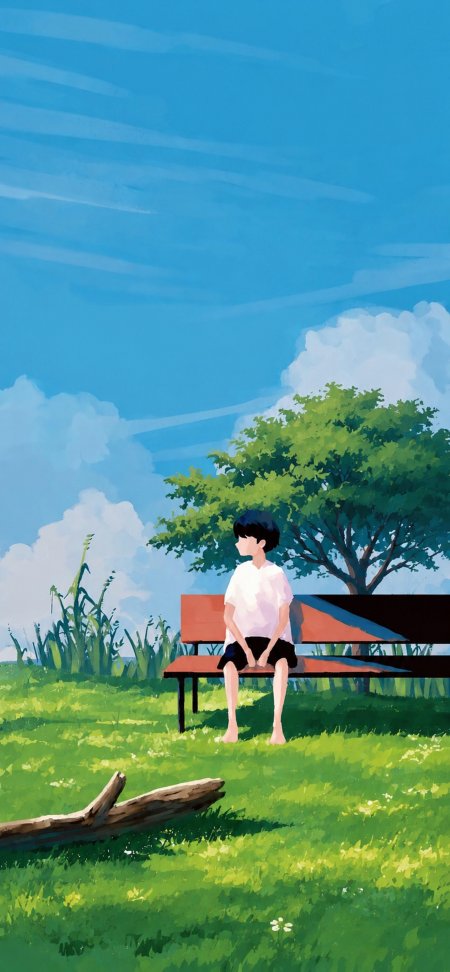 少年独坐草地长椅蓝天白云绿树治愈系插画手机壁纸
