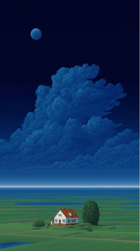 深夜平原孤屋巨大积雨云超现实主义风景插画手机壁纸