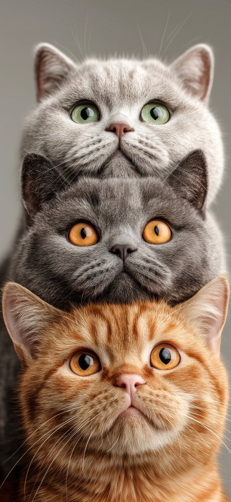 三只英短猫猫叠罗汉绿眼橙眼萌趣特写宠物摄影手机壁纸